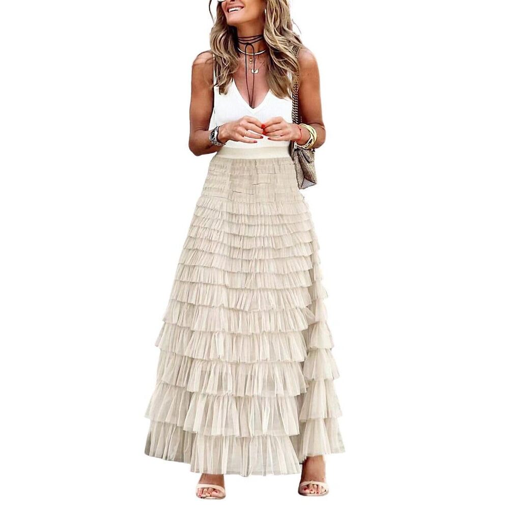 7696 Ruffled Tiered Tutu Tulle Skirt Stretchy A-line Prom Party Long Skirt